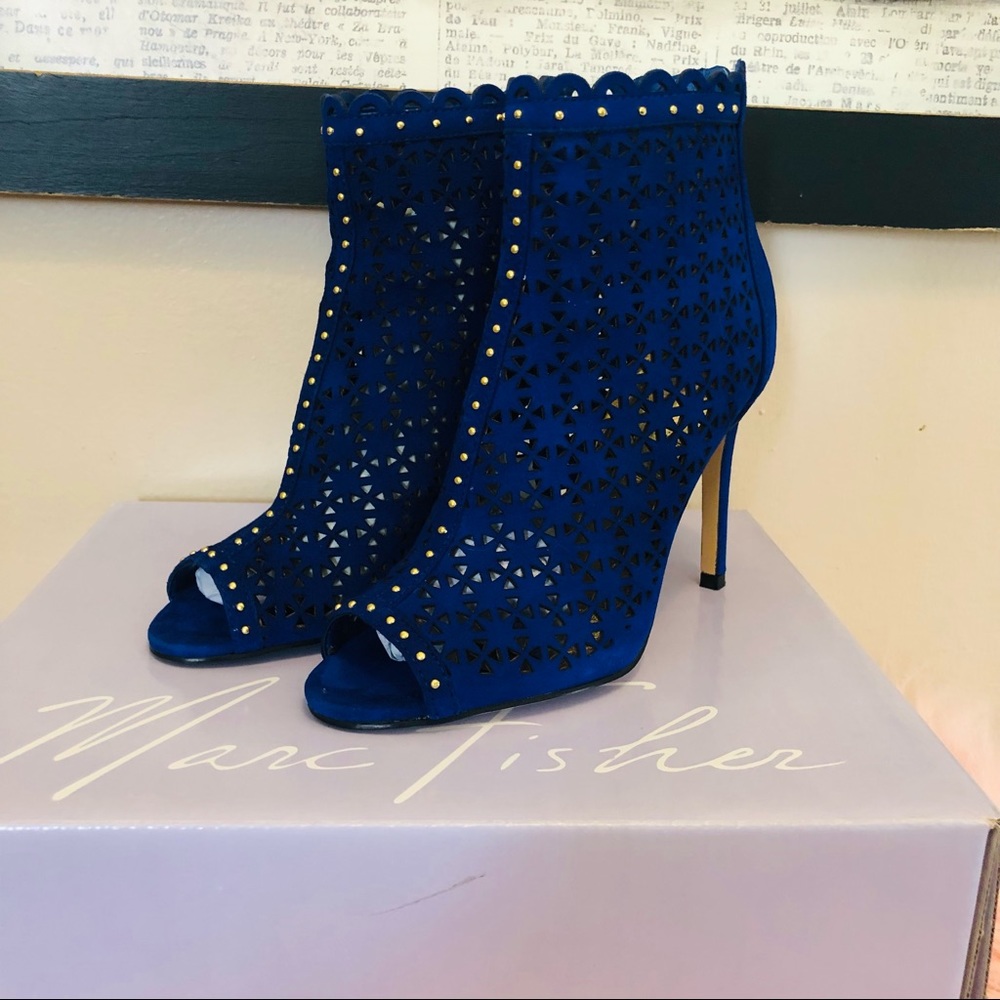 Marc Fisher Blue Suede Sanish Peep Toe Bootie 5.5